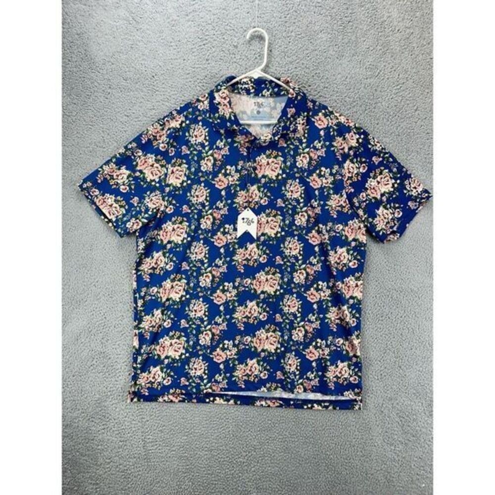 1764 Golf Shirt Adult 2XL Blue Floral Polo Rugby Stretch Short Sleeve Mens NEW